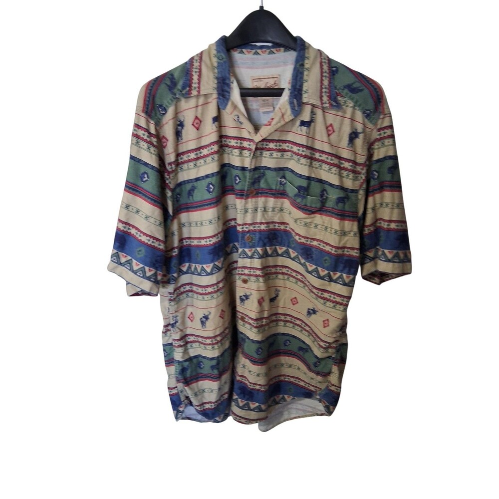 Woolrich Shirt Mens Large Tan Button Up Short Sleeve Southwestern Wildlife Deer